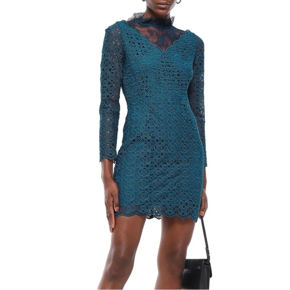 SANDRO BARTSIE TEAL LACE SHEER LONG SLEEVE MIDI DRESS - Picture 16 of 17